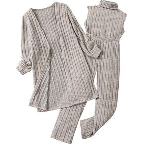 GORGLITTER Girl's Three Piece Outfits Rib Knit High Neck Top and Pants with Open Front Long Sleeve Cardigan