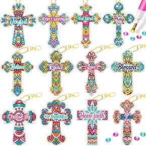 incok الصليب الماس اللوحة سلاسل المفاتيح - 12pcs 5d الماس الفن المسيحي diy الماس مفتاح سلسلة الماس مجموعات مفتاح سلسلة كيت diy حلقة رئيسية قلادة هدية inspristional للمبتدئين البالغين الحرف زخرفة