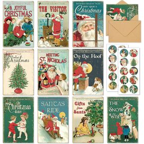 AnyDesign 40 Pack Vintage Christmas Cards Santa Christmas Tree Snowman Greeting Cards with Stickers Envelopes Retro Xmas Blank Note Cards for Christmas Winter Holiday Party Supplies, 4 x 6 Inch