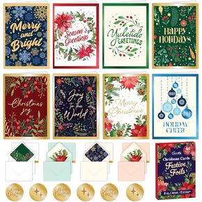 Decorably 40 Pack Foil Embossed Christmas Cards Boxed with Envelopes & Stickers, 8 Designs with Printed Message Holiday Cards with Envelopes, 5x7in Bulk Christmas Cards Bulk, Holiday Cards 2024 Bulk