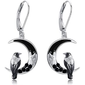 ONEFINITY Raven Crow Earrings 925 Sterling Silver Crescent Moon Crow Witchy Dangle Earrings Halloween Jewelry Gifts for Women