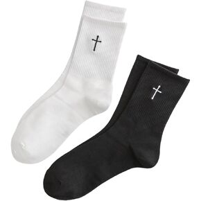 SHENHE Men's 2 Pairs Cross Print Embroidered Geo Crew Socks Knit Soft Daily Socks