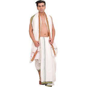 Exotic India Egret-White Dhoti and Angavastram Set with Zari Weave On Border – Comfy and Stylish Pure Cotton Ceremonial Attire