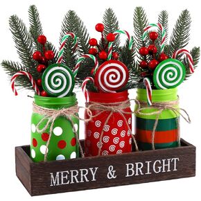 3PCS Christmas Mason Jars 3 * 5Inch lighting Painted Xmas Decorative Jars with Wood Tray &Artificial Flowers Wishing Bottles for Winter Holiday Home Table Centerpiece Decor Gift (Green)