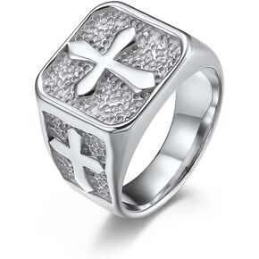 Men’s Rings,Stainless Steel Cross Rings for Men 15mm Vintage Silver Black Cross Rings Signet Rings Christian Rings Religious Cross Rings Jewelry Gift for Men