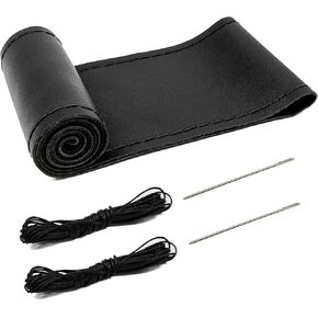 Direct Genuine Leather Steering Wheel Cover, 15 Inch Non-Slip Breathable/Soft and Comfortable Feeling, Genuine Leather Stitch On Wrap for Car Truck SUV - DIY Sewing with Needle Thread (Black)