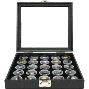 Novel Box Large Jewelry Display Case 14.75x8.25x2.1 + Medium Size 36 Gems Jars | Glass Jewelry Box with Lid & White Tray Foam Liner | Rock Storage Box with Metal Clasp | Display Box for Collectibles