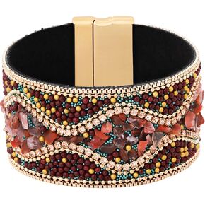 MINACHI Bohemian Retro Style Handmade Beaded Bracelet Cuff Bangle, Full Rhinestone Jewelry for Women