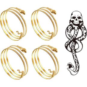 Snake Temporary Tattoos and 4 Pack Metal Snake Armband Swirl Snake Spiral Upper Arm Cuff Armlet Bangle Bracelet Egyptian Costume Accessory for Women Gold