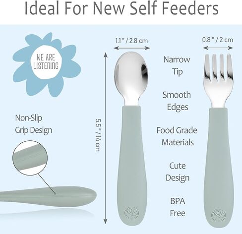CoixFoam 8 Pieces Toddler Utensils, Toddler Safe Silverware Set With Food Grade Silicone Hanlde, 18/8 Stainless Steel, Perfect Length For New Self Feeders, Dishwasher Safe in Saudi Arabia