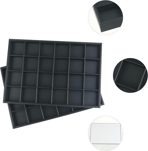 uxcell Set of 2 Stackable PU Leather Jewelry Organizer Trays with Removable Dividers for Drawers, Jewelry Organizer Drawer Inserts Storage 24 Grid Tray Black in Saudi Arabia