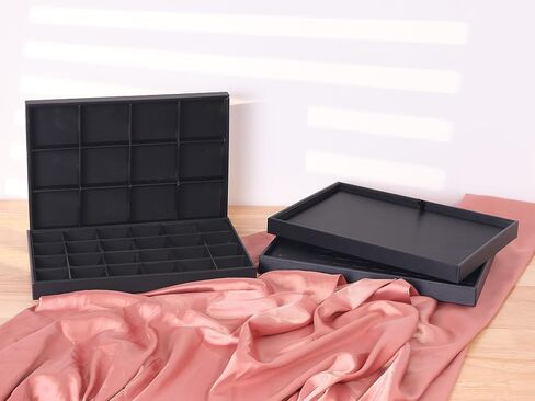 uxcell Set of 2 Stackable PU Leather Jewelry Organizer Trays with Removable Dividers for Drawers, Jewelry Organizer Drawer Inserts Storage 24 Grid Tray Black in Saudi Arabia