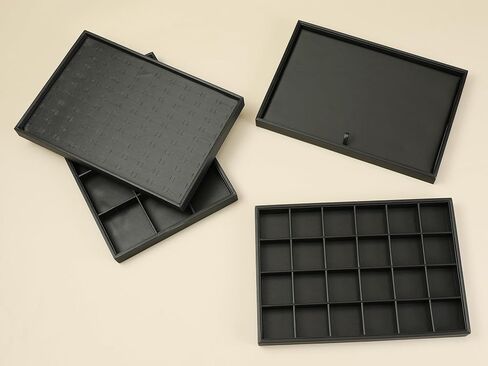 uxcell Set of 2 Stackable PU Leather Jewelry Organizer Trays with Removable Dividers for Drawers, Jewelry Organizer Drawer Inserts Storage 24 Grid Tray Black in Saudi Arabia