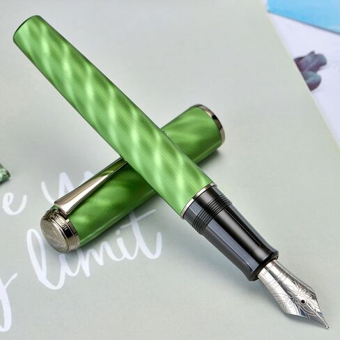 Hongdian A9 Fountain Pen Large No.8 Extra Fine Point Ebonite Feed, Green Moire Pattern Unique Design with Refillable Converter and Metal Case in Kuwait