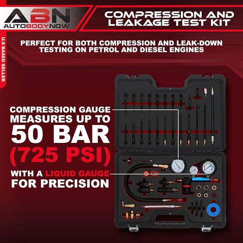 مجموعة اختبار ضغط وتسرب محرك البنزين والديزل من ABN - مجموعة أدوات قياس الضغط الشاملة لتشخيص مشكلات المحرك - تناسب معظم السيارات والشاحنات والدراجات النارية in Kuwait