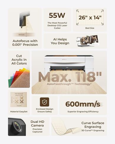 xTool P2 55W CO2 Laser Cutter, Smart Desktop CO2 Laser Engraver and Cutter Machine, Dual Smart 16MP Cameras, Curved Surface Engraving, Create with Wood and Metal Acrylic Glass Fabric Leather (White) in Kuwait