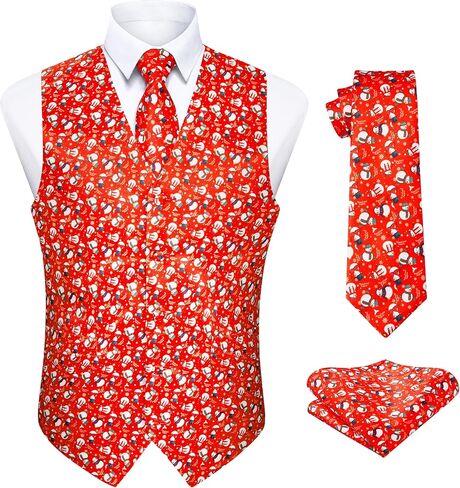 Enlision Mens Christmas Suit Vest Xmas Holiday Tree Snowflake Vest Tie Pocket Square Set Jacquard Waistcoat Party in Saudi Arabia