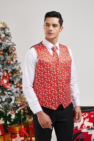 Enlision Mens Christmas Suit Vest Xmas Holiday Tree Snowflake Vest Tie Pocket Square Set Jacquard Waistcoat Party in Saudi Arabia