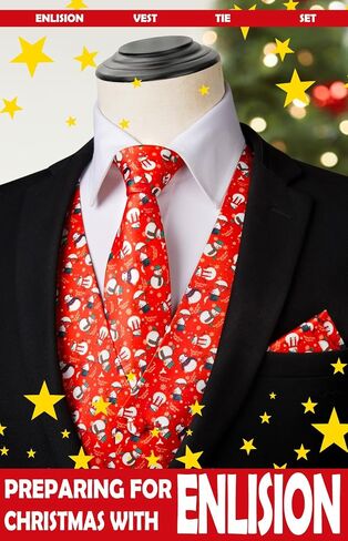 Enlision Mens Christmas Suit Vest Xmas Holiday Tree Snowflake Vest Tie Pocket Square Set Jacquard Waistcoat Party in Saudi Arabia