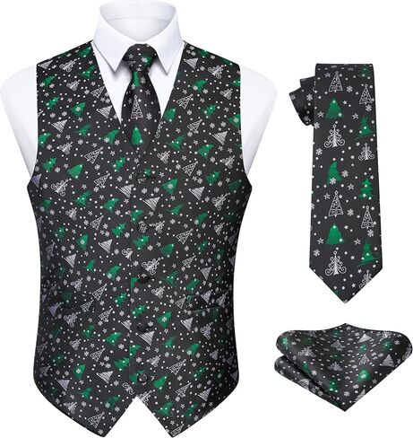 Enlision Mens Christmas Suit Vest Xmas Holiday Tree Snowflake Vest Tie Pocket Square Set Jacquard Waistcoat Party in Kuwait