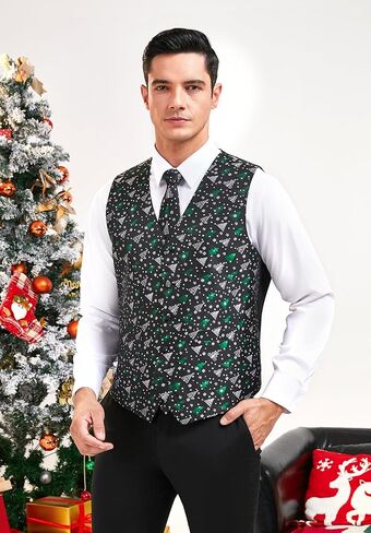 Enlision Mens Christmas Suit Vest Xmas Holiday Tree Snowflake Vest Tie Pocket Square Set Jacquard Waistcoat Party in Kuwait