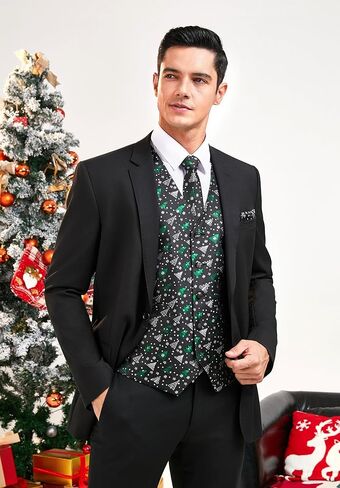 Enlision Mens Christmas Suit Vest Xmas Holiday Tree Snowflake Vest Tie Pocket Square Set Jacquard Waistcoat Party in Kuwait
