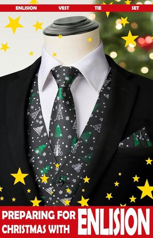 Enlision Mens Christmas Suit Vest Xmas Holiday Tree Snowflake Vest Tie Pocket Square Set Jacquard Waistcoat Party in Kuwait