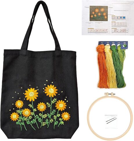 FONNUY Canvas Tote Bag Crewel Embroidery Kit, DIY Craft Kits Pre-Marked Pattern Bag Easy for Audlt Beginners, 15 x 13'' (Black) in Saudi Arabia