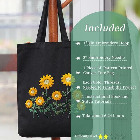 FONNUY Canvas Tote Bag Crewel Embroidery Kit, DIY Craft Kits Pre-Marked Pattern Bag Easy for Audlt Beginners, 15 x 13'' (Black) in Saudi Arabia