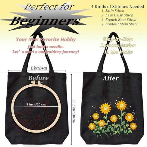 FONNUY Canvas Tote Bag Crewel Embroidery Kit, DIY Craft Kits Pre-Marked Pattern Bag Easy for Audlt Beginners, 15 x 13'' (Black) in Saudi Arabia