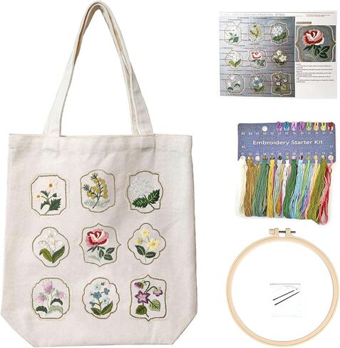 FONNUY Canvas Tote Bag Crewel Embroidery Kit, DIY Craft Kits Pre-Marked Pattern Bag Easy for Audlt Beginners, 15 x 13'' (Black) in Saudi Arabia