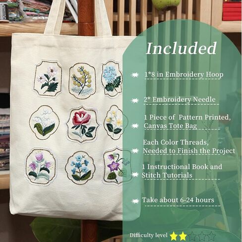 FONNUY Canvas Tote Bag Crewel Embroidery Kit, DIY Craft Kits Pre-Marked Pattern Bag Easy for Audlt Beginners, 15 x 13'' (Black) in Saudi Arabia