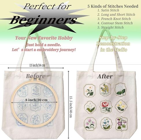 FONNUY Canvas Tote Bag Crewel Embroidery Kit, DIY Craft Kits Pre-Marked Pattern Bag Easy for Audlt Beginners, 15 x 13'' (Black) in Saudi Arabia