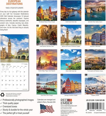 RED EMBER European Destinations | 12" x 24" Open | Thick & Sturdy Paper | Giftable | Calendar 2026 in Saudi Arabia