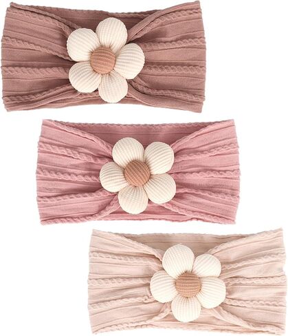 3 Pcs Baby Flower Headbands Baby Girl Nylon Headband Soft Newborn Hairbands | Baby Girl Newborn Essentials,Baby Shower Gifts,Hair Accessories for Infant Toddler Kids,Baby Girl Accessories,Newborn Gifts in Saudi Arabia