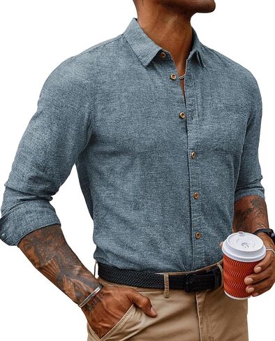 PJ PAUL JONES Men's Linen Shirts Casual Button Down Long Sleeve Shirt Lightweight Beach Shirt with Pocket in Saudi Arabia