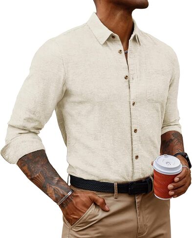 PJ PAUL JONES Men's Linen Shirts Casual Button Down Long Sleeve Shirt Lightweight Beach Shirt with Pocket in Saudi Arabia