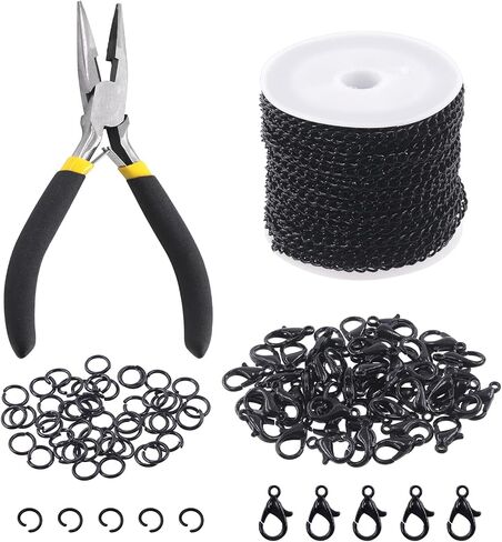 Keadic 102Pcs 30 Feet Jewelry Making Chains Kit W 3mm Metal Necklace Twisted Links Chain, Lobster Clasps, Open Jump Rings and Jewelry Pliers for Bracelet Earring Anklet DIY (Black) in Saudi Arabia