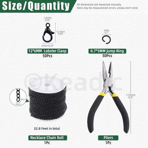 Keadic 102Pcs 30 Feet Jewelry Making Chains Kit W 3mm Metal Necklace Twisted Links Chain, Lobster Clasps, Open Jump Rings and Jewelry Pliers for Bracelet Earring Anklet DIY (Black) in Saudi Arabia