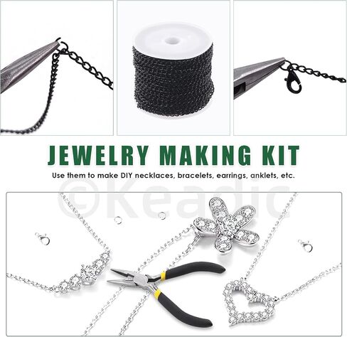 Keadic 102Pcs 30 Feet Jewelry Making Chains Kit W 3mm Metal Necklace Twisted Links Chain, Lobster Clasps, Open Jump Rings and Jewelry Pliers for Bracelet Earring Anklet DIY (Black) in Saudi Arabia