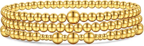 سوار ذهبي مكدس غير مشوه للنساء أساور ذهبية مطرزة أنيقة مقاومة للماء خرز صغير كرة أساور مجموعة 18 قيراط مملوءة بالذهب أساور ذات طبقات قابلة للتمدد هدية مجوهرات عصرية in Kuwait