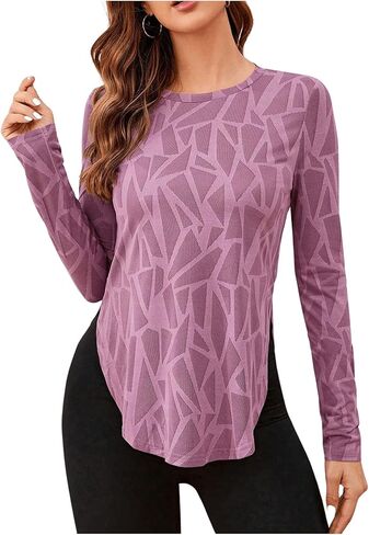 OYOANGLE Women's Geo Print Workout Tops Curved Hem Long Sleeve Sports Gym Yoga Athletic Tank Top Running Shirts in Saudi Arabia