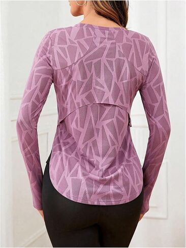 OYOANGLE Women's Geo Print Workout Tops Curved Hem Long Sleeve Sports Gym Yoga Athletic Tank Top Running Shirts in Saudi Arabia