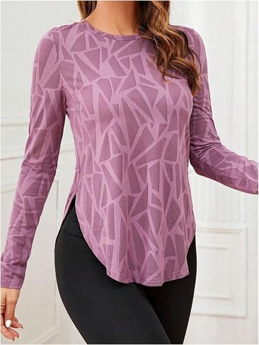 OYOANGLE Women's Geo Print Workout Tops Curved Hem Long Sleeve Sports Gym Yoga Athletic Tank Top Running Shirts in Saudi Arabia