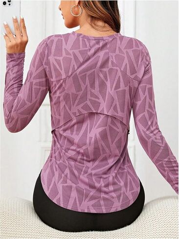 OYOANGLE Women's Geo Print Workout Tops Curved Hem Long Sleeve Sports Gym Yoga Athletic Tank Top Running Shirts in Saudi Arabia