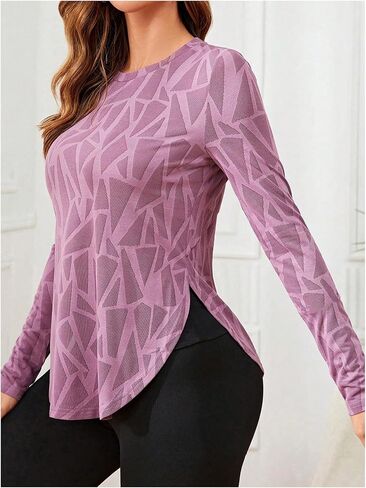 OYOANGLE Women's Geo Print Workout Tops Curved Hem Long Sleeve Sports Gym Yoga Athletic Tank Top Running Shirts in Saudi Arabia