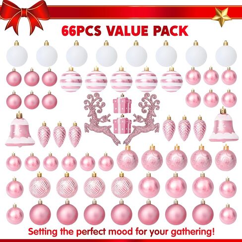 66 قطعة من زخارف عيد الميلاد المتنوعة من جويدومي، زينة عيد الميلاد مقاومة للكسر للعطلات، وتزيين الحفلات، وزخارف الأشجار، والمناسبات، وعيد الميلاد (وردي) in Kuwait