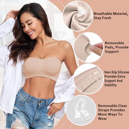 WOWENY Strapless Bras for Women Bandeau Bra Wireless Non-Slip Silicone Seamless Padded Tube Top Bra in Saudi Arabia