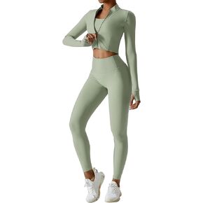 Workout Sets for Women 3 Piece High Waisted Seamless Leggings Crop Top Jacket Gym Yoga Outfit Stretchy Sports Bra Sets