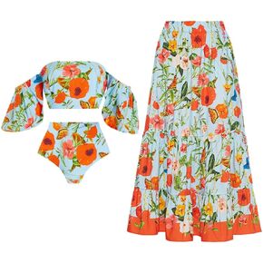 Women's One Piece Swimsuit with Cover Up Skirt Bikini Sarong Set Floral Print Bathing Suit with Wrap Skirt